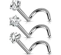 OUFER Lot de 3 Piercing Nez Anneaux Titane Screw Nose Rings Stud Nez 20 Gauge Nose S Forme Star Heart Crystal Rond Bijou Homme Femme
