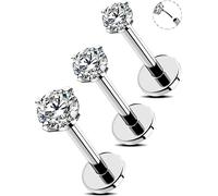 OUFER Lot de 3 Piercings de Nez 18G Dos Plat Conque Tragus hélix Bijoux sans Filetage en Acier Inoxydable 316L Labret lèvre Cartilage Boucles d'oreilles en Clair CZ 6 mm