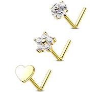 OUFER Lot de 3 piercings de nez en titane 20 g, anneaux de nez en forme de L en forme de cœur et de fleur, bijoux de piercing de narine en or de 6 mm, bijoux fins en diamant cubique pour femmes