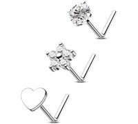 OUFER Lot de 3 piercings de nez en titane 20 g, anneaux de nez en forme de L en forme de cœur et de fleur, bijoux de piercing de narine en argent de 6 mm, bijoux fins en diamant cubique pour femmes