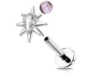 OUFER Titane Helix Piercing Bijoux 18G Étoile à Huit Branches Dos Plat Boucles d'Oreilles Piercing Tragus Conch 6mm Sans Filetage Lèvre Labret Piercing Bijoux Argent Nez Stud pour Femme