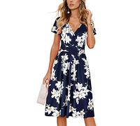 OUGES Femmes 2025 Été Robe Décontractée Col en V Manches Courtes Dames Printemps Fête des Mères Robe Midi