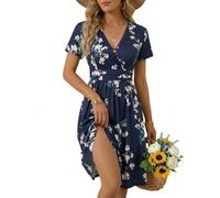 OUGES Femmes 2025 Été Robe Décontractée Col en V Manches Courtes Dames Printemps Fête des Mères Robe Midi