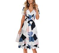 OUGES Femmes 2025 Été Robe Décontractée Col en V Manches Courtes Dames Printemps Fête des Mères Robe Midi