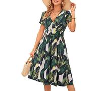 OUGES Femmes 2025 Été Robe Décontractée Col en V Manches Courtes Dames Printemps Fête des Mères Robe Midi