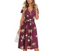 OUGES Femmes 2025 Été Robe Décontractée Col en V Manches Courtes Dames Printemps Fête des Mères Robe Midi