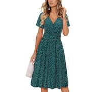 OUGES Femmes 2025 Été Robe Décontractée Col en V Manches Courtes Dames Printemps Fête des Mères Robe Midi