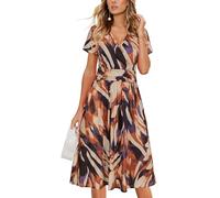 OUGES Femmes 2025 Été Robe Décontractée Col en V Manches Courtes Dames Printemps Fête des Mères Robe Midi