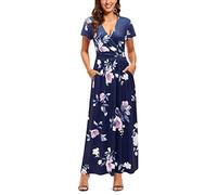 OUGES Femmes - Robe D'éTé DéContractéE à Col en V Et à Manches Courtes avec Motifs Floraux - Robe Extra Longue avec Poches(Floral-C,XXL)