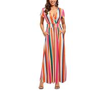 OUGES Femmes - Robe D'éTé DéContractéE à Col en V Et à Manches Courtes avec Motifs Floraux - Robe Extra Longue avec Poches(Floral-34,XL)