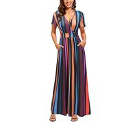 OUGES Femmes - Robe D'éTé DéContractéE à Col en V Et à Manches Courtes avec Motifs Floraux - Robe Extra Longue avec Poches(Floral-41,XL)