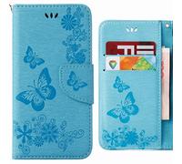 Ougger Coque pour Huawei Y6 (2018) Etui Housse Portefeuille PU Cuir Magnétique Protecteur Pochette Soft Silicone Flip Cover Etui pour Huawei Y6 (2018) avec Fente pour Carte, Bande Papillon (Bleu)