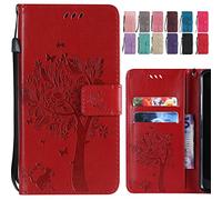 Ougger étui pour Huawei Mate 20 Lite Housse, Portefeuille Etui Cuir Magnétique Protecteur Pochette Silicone Cover Coque pour Huawei Mate 20 Lite avec Fente pour Carte, Chat Arbre (Rouge)