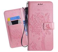 Ougger Etui pour Huawei P30 Etui Cuir Portefeuille Magnétique Protecteur Pochette Bumper Silicone Flip Cover Coque pour Huawei P30 avec Porte-Cartes Crédit, Chat & Arbre (Rose Or)
