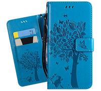 Ougger Etui pour Huawei P30 Etui Cuir Portefeuille Magnétique Protecteur Pochette Bumper Silicone Flip Cover Coque pour Huawei P30 avec Porte-Cartes Crédit, Chat & Arbre (Bleu)