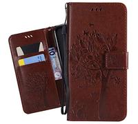 Ougger Etui pour LG K40 Etui Cuir Portefeuille Magnétique Protecteur Pochette Bumper Silicone Flip Cover Coque pour LG K40 avec Porte-Cartes Crédit, Chat & Arbre (Brun)