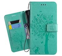 Ougger Etui pour LG K40 Etui Cuir Portefeuille Magnétique Protecteur Pochette Bumper Silicone Flip Cover Coque pour LG K40 avec Porte-Cartes Crédit, Chat & Arbre (Vert)