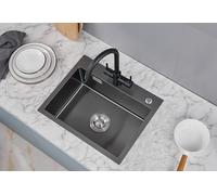 OUGOO Évier Cuisine 50 × 40 cm Montage à Encastrer ou à Fleur de Plan, Evier 1 bac + Kit de Vidage, noir