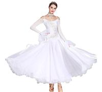 OUHENYUAN Costume de Performance sans Bretelles Robes de Danse de Salle de Bal Tango à Broder Robe de compétition Moderne Waltz à Manches Longues,Blanc,XXL