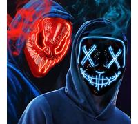OUILA LED Masque d'Halloween, Lot de 2 masques néon, avec 3 modes d'éclairage, pour hommes, femmes, cosplay, carnaval, mascarade- (Rouge Maléfique & Bleu)