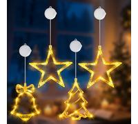 OUILA Lot de 4 décorations de Noël LED pour fenêtre, étoile + sapin de Noël + cloche, poinsettia, fenêtre, batterie et minuterie, guirlande lumineuse à ventouse pour éclairage de fenêtre, cadeau de