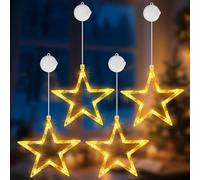 OUILA Lot de 4 étoiles de Noël LED - Étoile de Noël - Pour fenêtre - Avec batterie et minuterie - Guirlande lumineuse d'intérieur - Ventouses et crochets adhésifs - Décoration de Noël - Blanc chaud