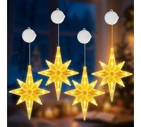 OUILA Lot de 4 Étoiles du Nord Décoration de Noël Fenêtre Éclairée, Étoile de Bethléem LED avec Ventouses & Minuteur Guirlande Lumineuse Fenêtre Batterie Éclairage de Noël Intérieur pour Décoration de