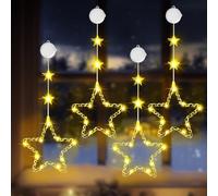 OUILA Lot de 4 étoiles LED - Éclairage de Noël - Décoration d'intérieur - Avec batterie et minuterie - Ventouses pour fenêtre - Guirlande lumineuse suspendue pour cadeaux de Noël