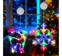 OUILA RGB Rideau Lumineux de Noël, Lamp Ventouse Décoration de Noël Guirlande Lumineuse de Flocon de Neige et Élans de Noël Decoration Lumineuse Noel à Piles et Minuterie Ventouse Guirlandes Lumineuse