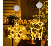 OUILA Rideau Lumineux Noël, Lumières LED avec Flocons de Neige et Élans de Noël Lumières de Rideau de Fenêtre à Piles avec Ventouse et Minuterie Guirlande Lumineuse de Fenêtre Decoration Noel