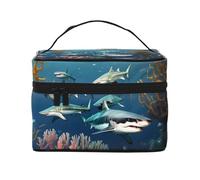 OUInbvv Sharks Under the Sea Trousse de maquillage de voyage avec organiseur multi-poches, grande capacité en polyester sergé pour salle de sport, camping et voyages d'affaires