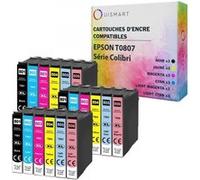 Ouismart® 18 Cartouches D'Encre Compatibles T0807 Pour Epson T0801 T0802 T0803 T0804 Stylus Photo R265 R360 R285 Rx585 Colibri Multicolore G