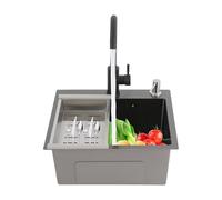 OUKANING Évier de cuisine, 40 x 45 cm, noir, en acier inoxydable, avec robinet 360°, bonde, distributeur de savon et panier d'égouttement, grand bassin, protection anti-éclaboussures, écoulement