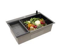 OUKANING Évier de cuisine en acier inoxydable - 68 x 45 cm - Avec panier d'égouttement et distributeur de savon - Évier encastrable - Évier de cuisine avec bonde - Isolation phonique - Protection