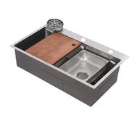 OUKANING Évier en acier inoxydable 75 x 45 cm avec robinet extensible et accessoires, acier inoxydable 304 Nano anti-traces de doigts, planche à découper, égouttoir, protection anti-débordement