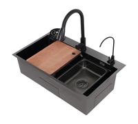 OUKANING Évier en acier inoxydable 75 x 45 cm avec robinet extensible et accessoires, acier inoxydable 304 Nano anti-traces de doigts, planche à découper, égouttoir, protection anti-débordement