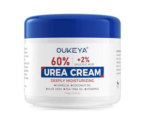 OUKEYA Crema Urea 60% + Acido Salicilico 2% con Vitamina E, Trattamento Intensivo Italiano per Piedi, Gomiti e Mani Screpolati, Rimuove Calli e Pelli Secche, Azione Antiossidante, Non Unguenta, 150g