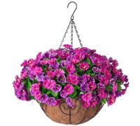 OUKEYI Fleurs artificielles à suspendre dans un panier, arrangement floral de pétunias en soie synthétique, pot de fleurs avec doublure en noix de coco avec gloires du matin, plantes, patio, jardin,