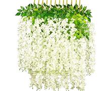 OUKEYI Lot de 12 guirlandes de glycines artificielles en Soie à Suspendre pour intérieur et extérieur, Maison, Jardin, Noël, fête de Mariage (Blanc)
