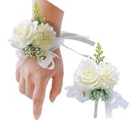 OUKEYI Lot de 2 boutonnières de Poignet en Forme de Rose pour Homme et Femme, mariée, Demoiselle d'honneur, décoration de fête de Mariage, Bal de Fin d'année, Blanc