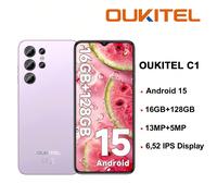 OUKITEL C1 Smartphone déverrouillé, écran HD+ 6,52 pouces, 16(4+12)Go+128Go, Android 15 Dual SIM 4G, appareil photo 13MP+5MP, batterie 5150mAh, déverrouillage par empreinte digitale, OTG/GPS (chargeur