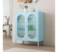 OUKMXSY Meuble de Rangement Moderne à 3 Niveaux en Fer pour Salon, Buffet en Acier avec Portes en Verre et étagères réglables pour Gagner de la Place (Bleu)