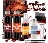Oukzon Faux Sang Halloween, Maquillage Halloween pour Enfant Adulte - 58ml + 58ml Faux Sang Lavable, 28ml Spray Sanguin, 28ml Latex, Dents de Vampire, pour Cosplay, Vampire, Clown, Zombie