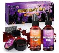 Oukzon Faux Sang Halloween Set, 60ml Spray Sang + 60ml Réaliste Faux Sang + 30g Plasma Coagulé, Maquillage Halloween Faux Sang Lavable pour Zombie, Vampire, Cosplay, Maquillage de Clown de Théâtre