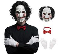 Oumbivil Saw Billy Masque de film d'horreur pour adulte Tête complète en latex avec cheveux effrayants Costume d'Halloween Marionnette de clown Cosplay avec nœud papillon rouge et gants Accessoires de