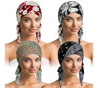 Oumrote Lot de 4 foulards chimio en coton doux pour femme, extensibles, pré-noués pour le cancer, Style 4, taille unique