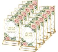 Oungy Lot de 12 présentoirs de table transparents - Format A6 - 10 x 15 cm - En acrylique - Avec bord doré - Pour cadre photo debout - Doré A6 - Support double face en T - Porte-cartes de menu pour