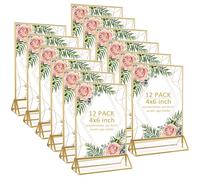 Oungy Lot de 12 présentoirs de table transparents - Format A6 - Pour cadre photo debout - Doré - 10 x 15 cm - Numéros de table en acrylique avec bord doré - Double face - Support en T - Pour photo,