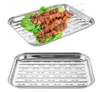 Oungy Lot de 2 bols de barbecue, réutilisables, rectangulaires, en acier inoxydable, perforés, 34,5 x 24,5 x 2,5 cm, pour barbecue à gaz et au charbon de bois, viande, légumes