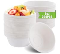Oungy Lot de 200 bols jetables en papier - 260 ml - Bols en bagasse blancs jetables pour fêtes - Bols biodégradables et compostables en canne à sucre pour salade, céréales, dessert